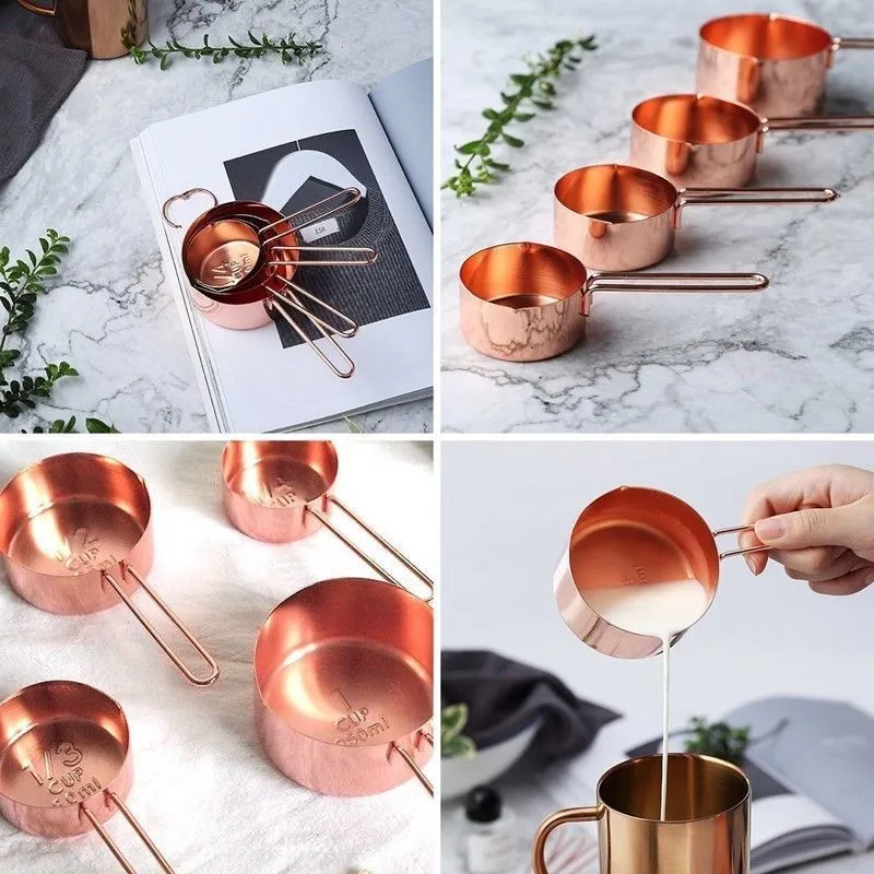 New Kitchen Gadgets Rose Gold Stainless Steel Measuring Cups and Spoons Set of 8 Engraved Measu T200507