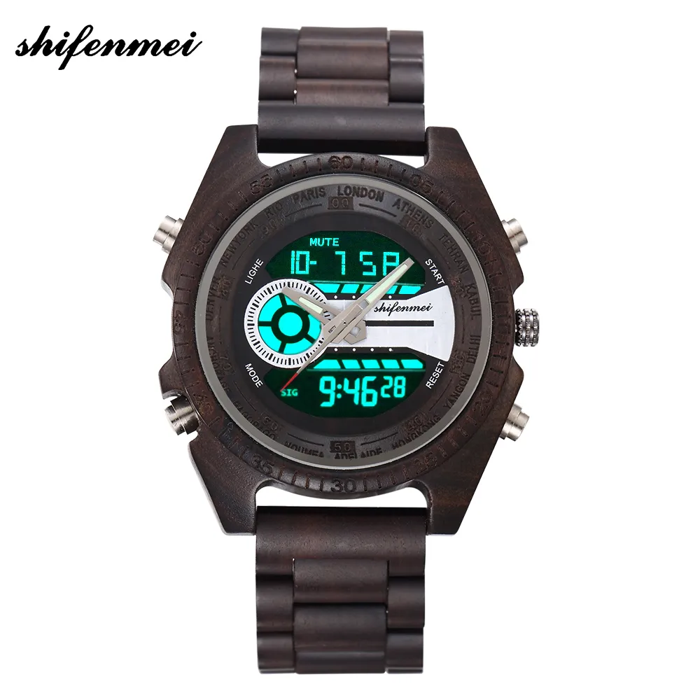 Shifenmei 2139 Antika herrar Zebra och Ebony Wood Watches med dubbla displayföretag i trä Digital Quartz Watch Y190515298B