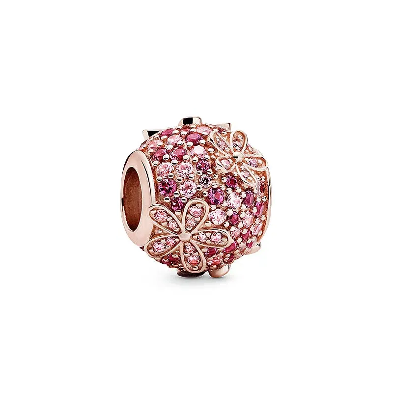 Neuer roségoldener rosa Gänseblümchen-Charm für Pandora-Armband, Zirkonperlen, 925er Sterlingsilber, Damen-Luxus-Schmuckanhänger, Geschenkherstellung221l