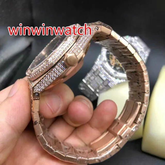 Reloj de hombre con hielo completo, caja de acero inoxidable, oro rosa y plata, reloj con parte trasera de cristal, reloj de pulsera con diamantes, cristal de zafiro Automa2167