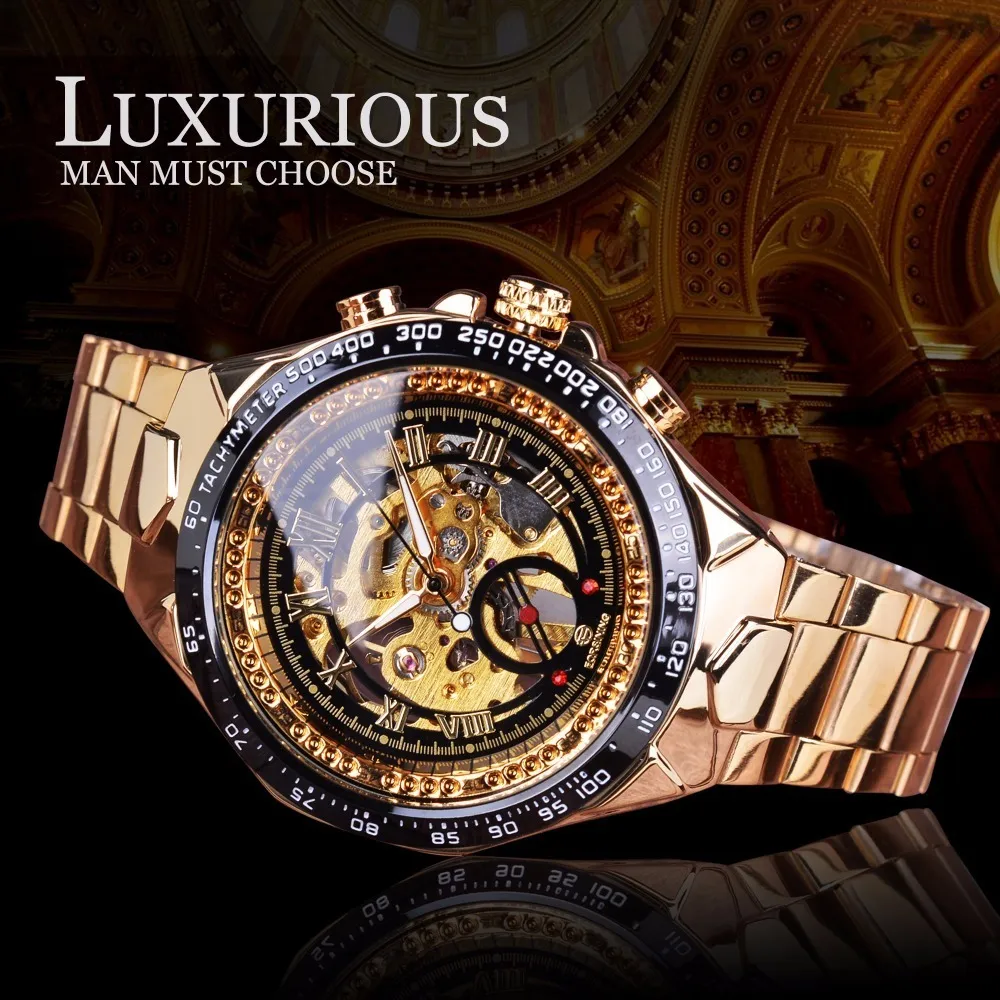 Forsining de la serie clásica de acero inoxidable Reloj de movimiento dorado transparente de los relojes de esqueleto mecánico