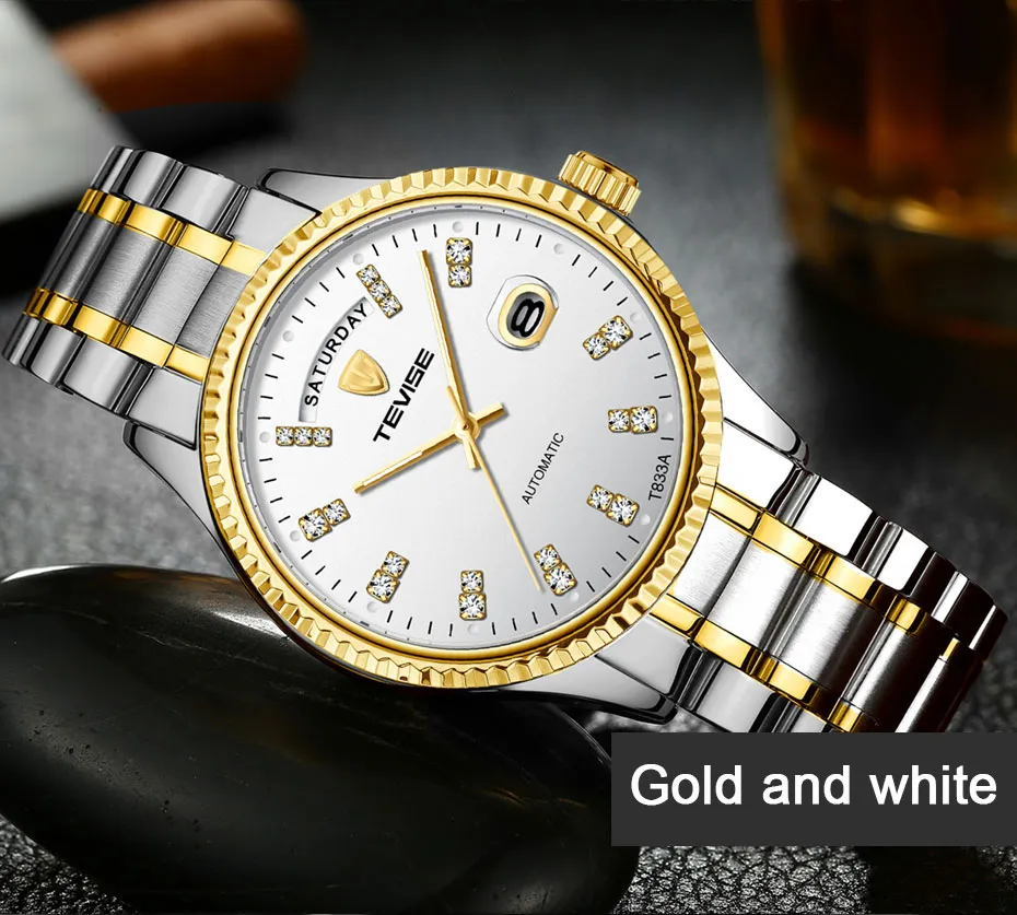Tevise Männer Luxus Goldene Automatische Mechanische Uhr Männer Edelstahl Datum Business Armbanduhr Relogio Masculino233G