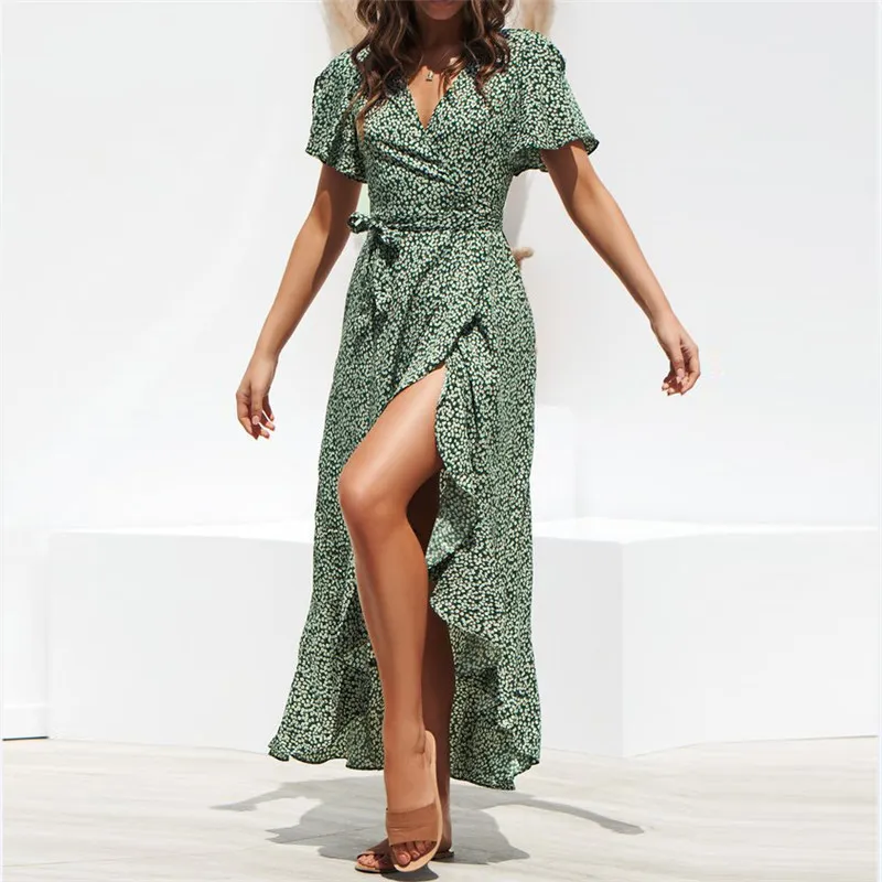 Moda stampata floreale Maxi Boho Style 2019 Was Beach Sexy Side Split Dress Eleganti abiti estivi