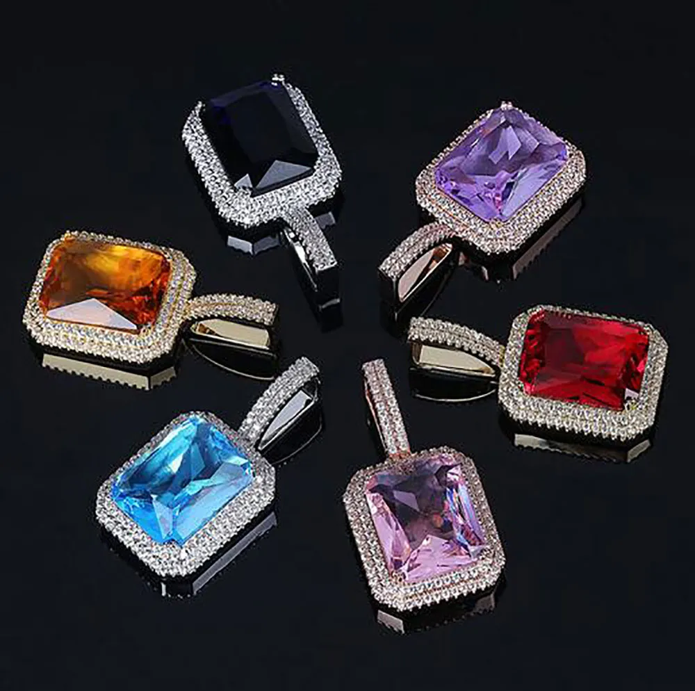 18-каратное золото, драгоценный камень, красный, синий, фиолетовый, черный, лабораторный рубин, ожерелье, микро-паве, блестящий кулон в стиле хип-хоп, Jewelry305i
