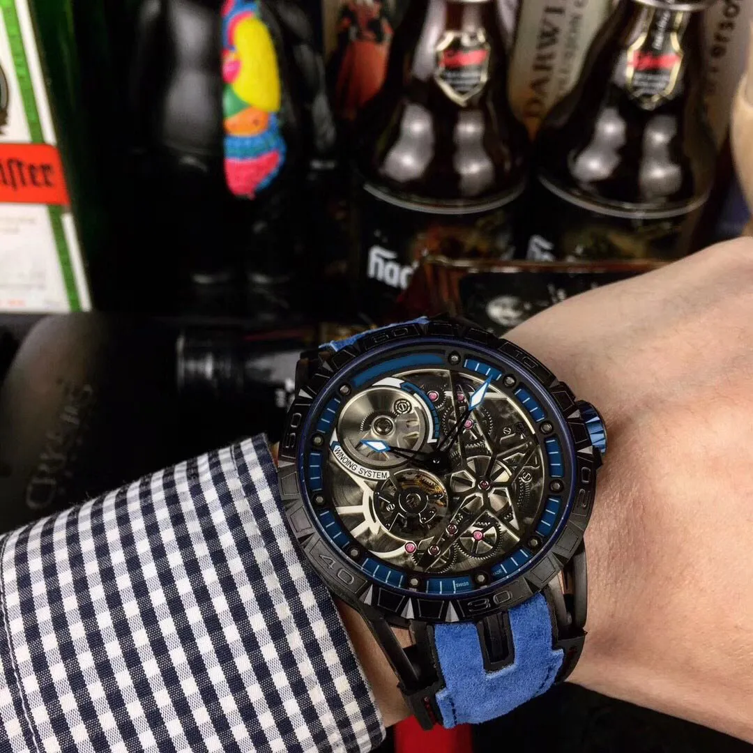 Relojes para hombre con movimiento automático, correa de cuero resistente al agua, reloj masculino de 46mm, relojes de pulsera para hombre FXCALIBUR Watches266e