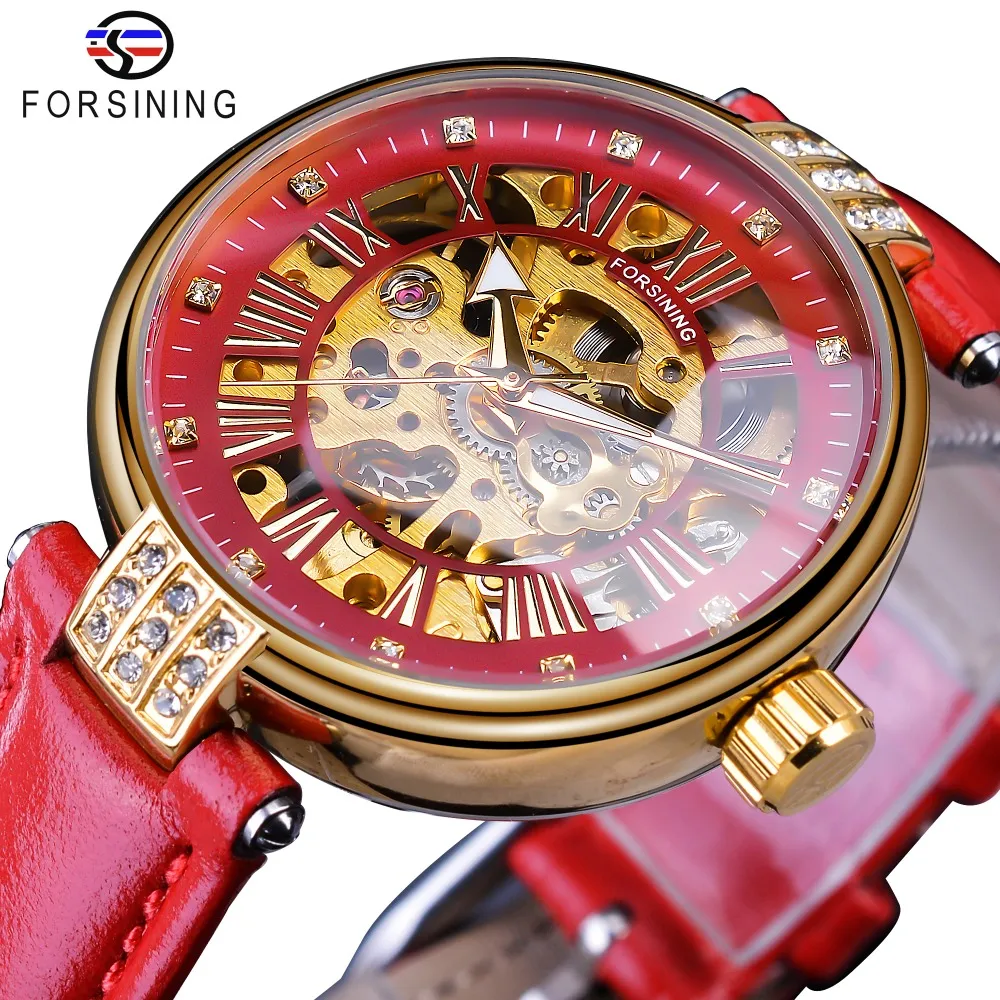Forsining Fashion Golden Skeleton Diamond Design Rosso cinturino in vera pelle luminoso Lady orologi meccanici Top Brand Luxury233A
