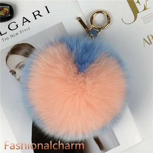 15 cm Real Fox Fur Ball Heart Shaped Pompom Bag Charm Keychain Pendant Keyring Tassels273y