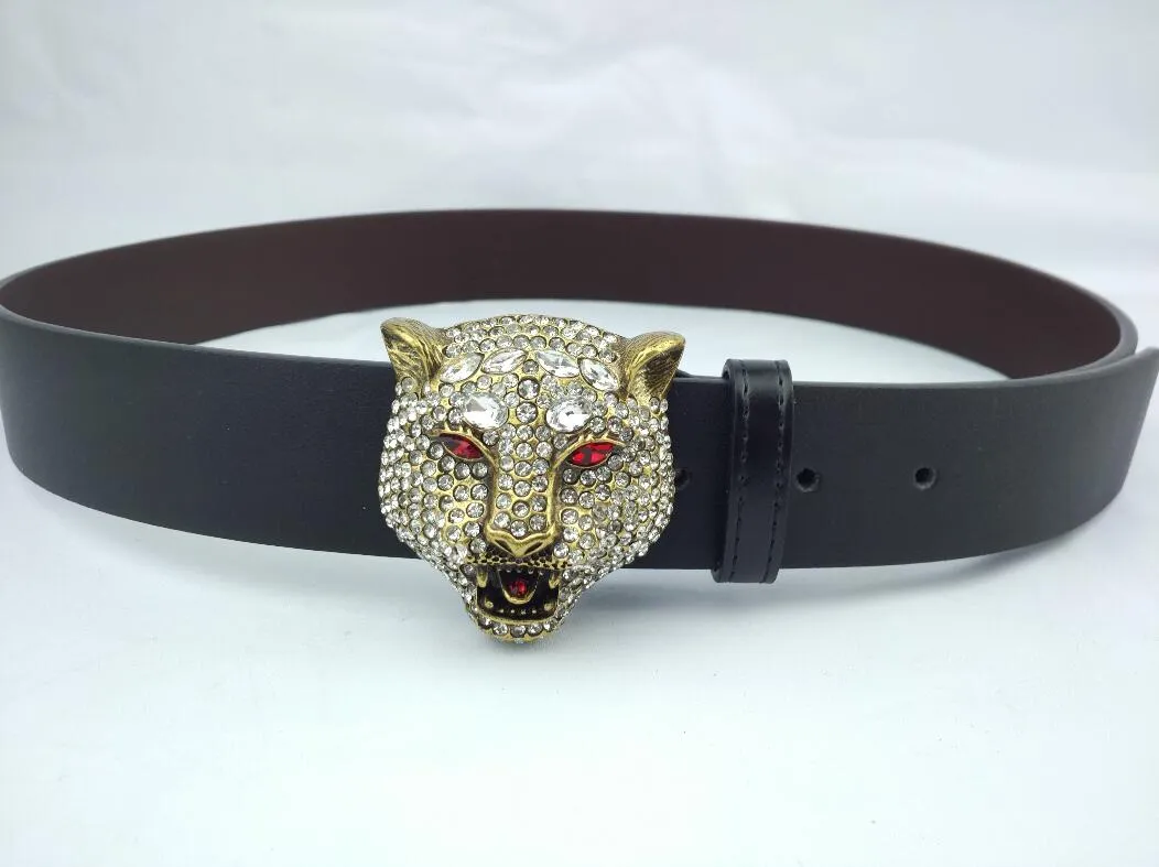 Cintura da uomo in pelle con stampa tigre con fibbia con testa di leopardo occidentale con strass Jeans2648