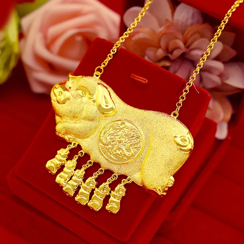 Традиционное свадебное ожерелье с подвеской из желтого золота 18 карат с милым дизайном в виде свиньи, свадебные женские украшения, полированное265O