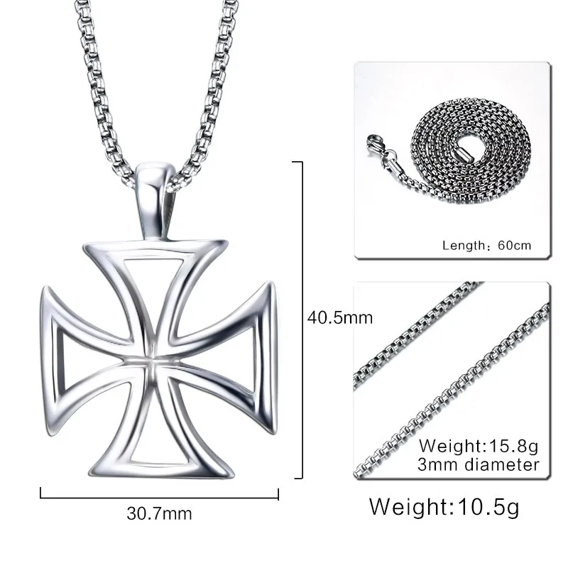 Fashion-Mens Necklace Rostfritt stål Vintage ihålig maltesiska järnkorshänge halsband Knights Templar Cross Male Jewelry318L