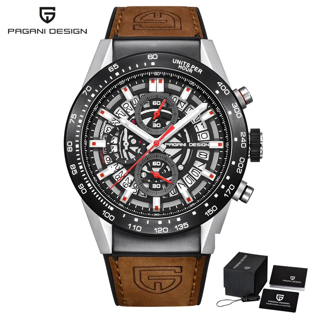 PAGANI DESIGN Fashion Skeleton Sport Chronograph Watch Leather Strap Quartz Mens Watches Top Brand Luxury Waterproof Clock2492