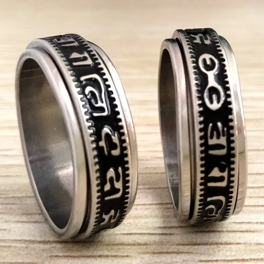 Retro Carved Buddhist Scriptures The Six Words Mantra Spin Stainless Steel Spinner Ring Men Women Unique Lucky Jewelry B237y