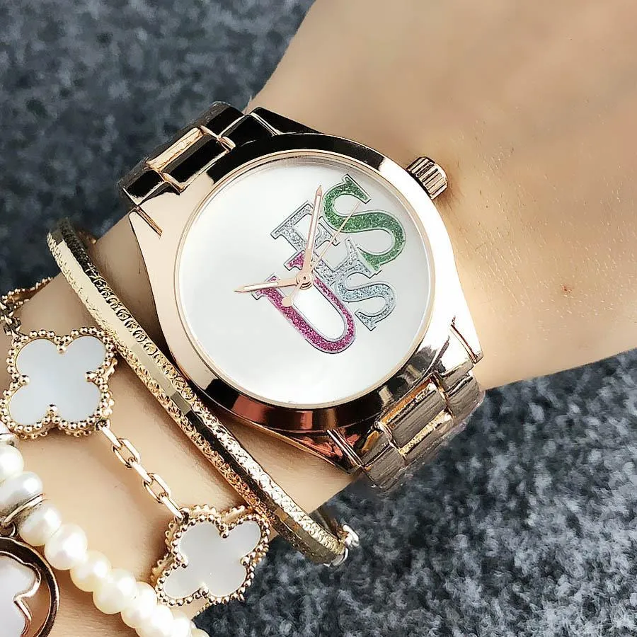 Relógio de pulso de quartzo de marca para mulheres e meninas com estilo colorido mostrador de metal relógios de banda de aço GS 15282v