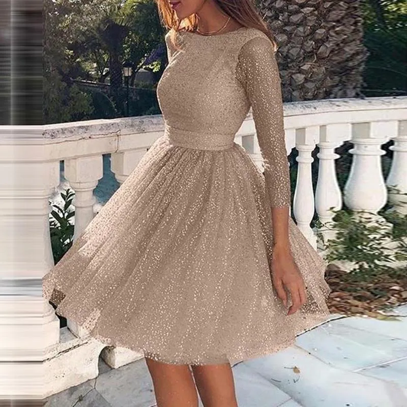 Women Sexy Backless Cocktail Dresses Jewel Sheer Neck Long Sleeve Homecoming Gowns Glitter Female Elegant Pleated Dress235F