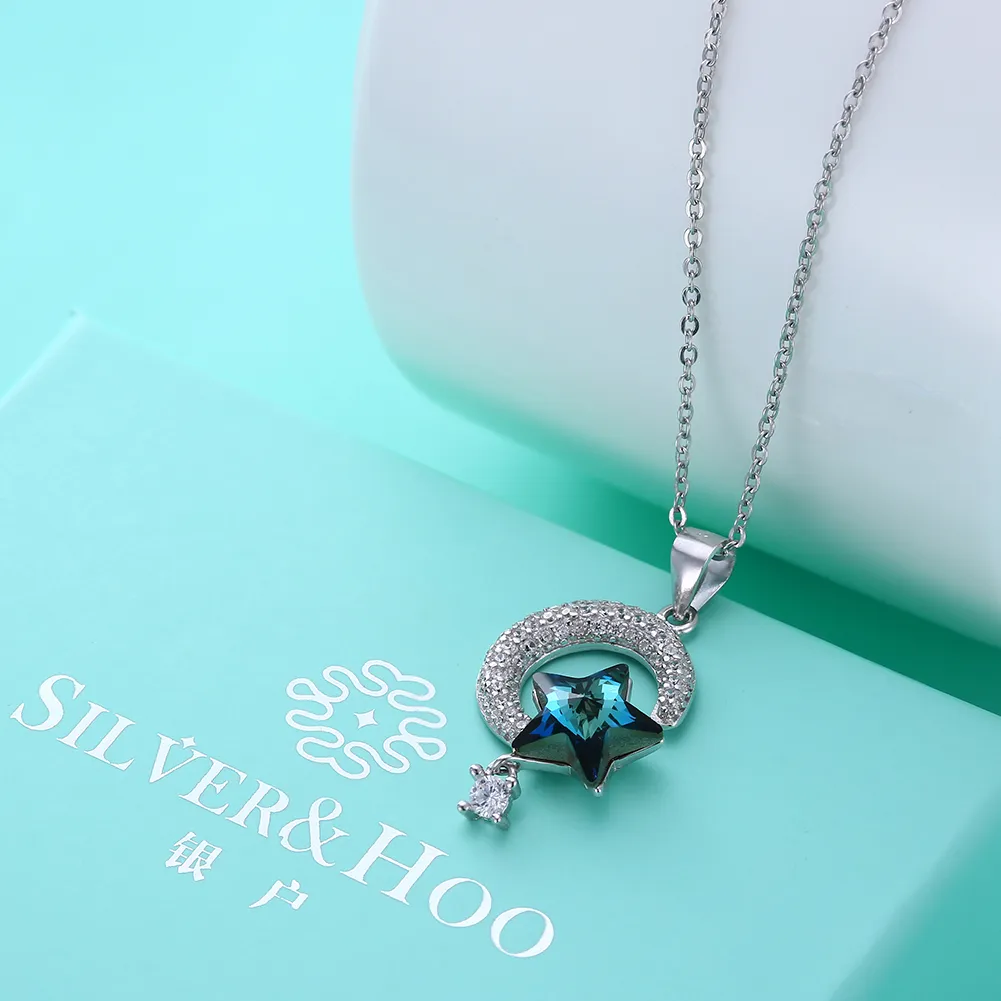 スワロフスキー要素S925 STERLING SILVER 925 BLINGBLING SHINNING STAR DIAMOND PENDANT NECKLACE WOM311Wのスタームーンネックレスクリスタル