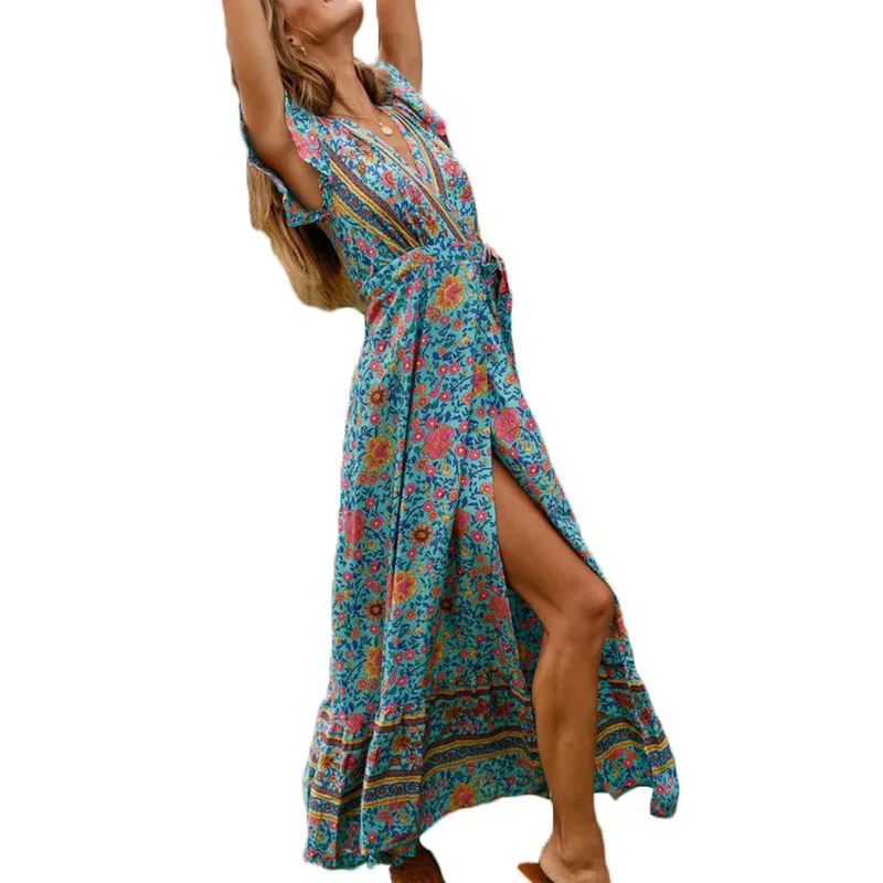 Boho floral impressão longa maxi mulheres chiffon jumpsuit split verão praia v pescoço manga curta senhoras wrap playsuits robe femme 2019 y19060501