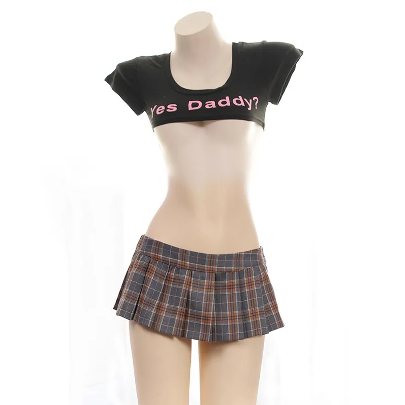 Uniformes de estudante sexy lingerie impertinente xadrez plissados metade do peito sim papai carta impressão topos erótico cosplay mini saia para sex278n