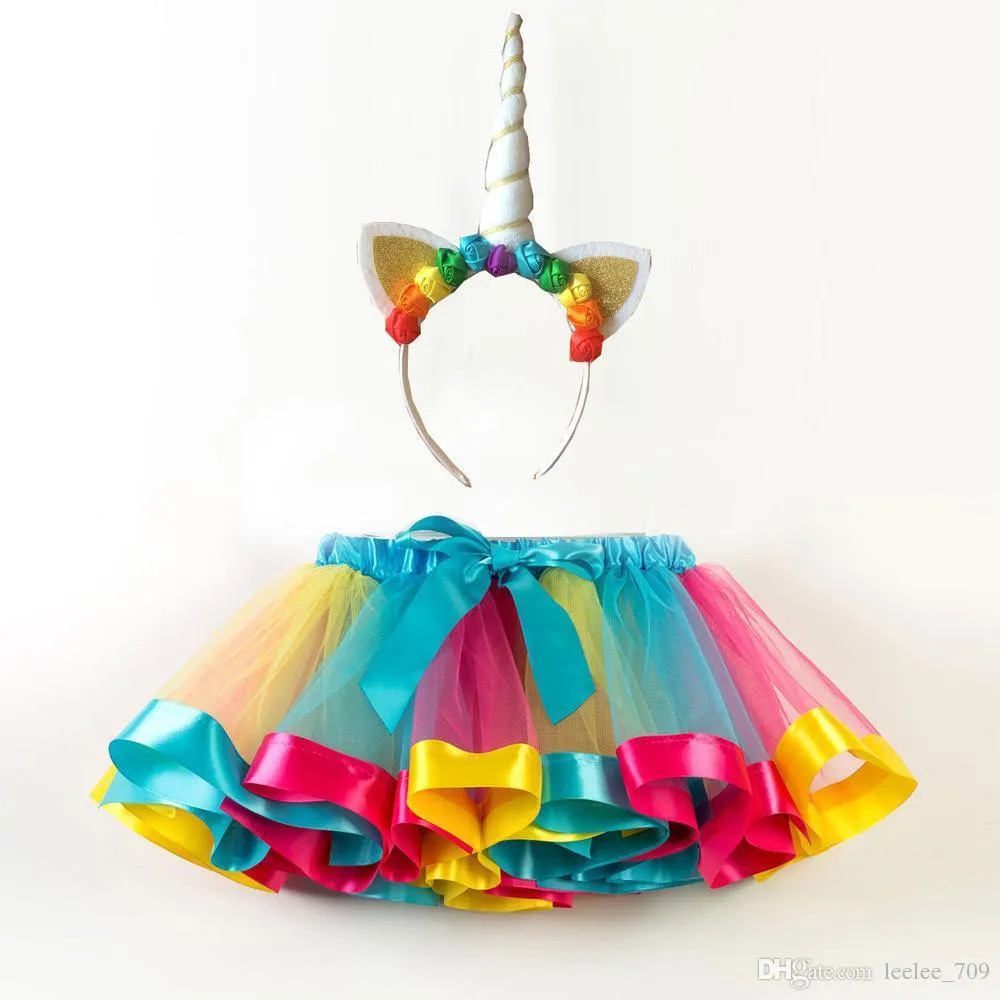Faldas de tutús de Color arcoíris para niñas pequeñas, diadema de unicornio, conjunto de 2 uds, conjunto de ropa encantadora para bebés, vestido de vacaciones para niños pequeños