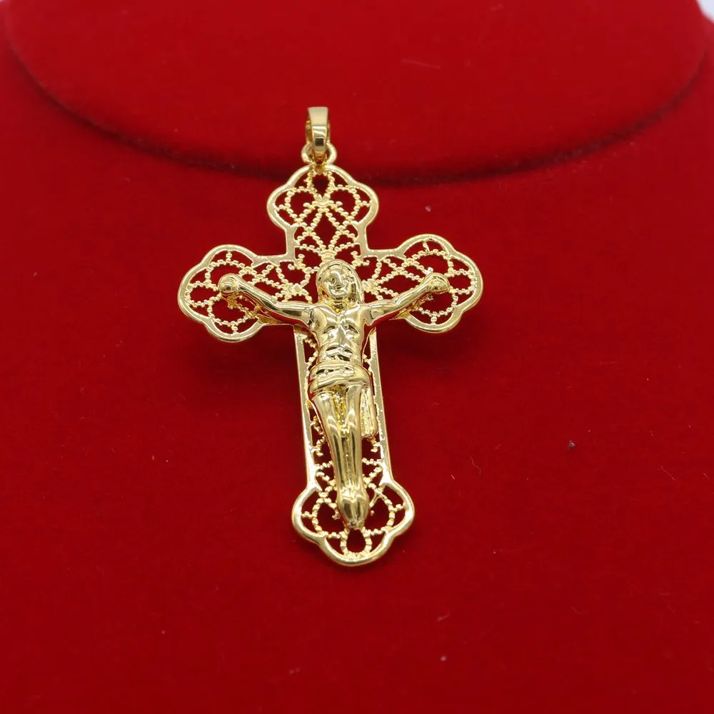Chaîne avec pendentif jésus en filigrane de Style classique, or jaune 18 carats rempli de croix pour femmes et hommes, collier Crucifix ras du cou 182d