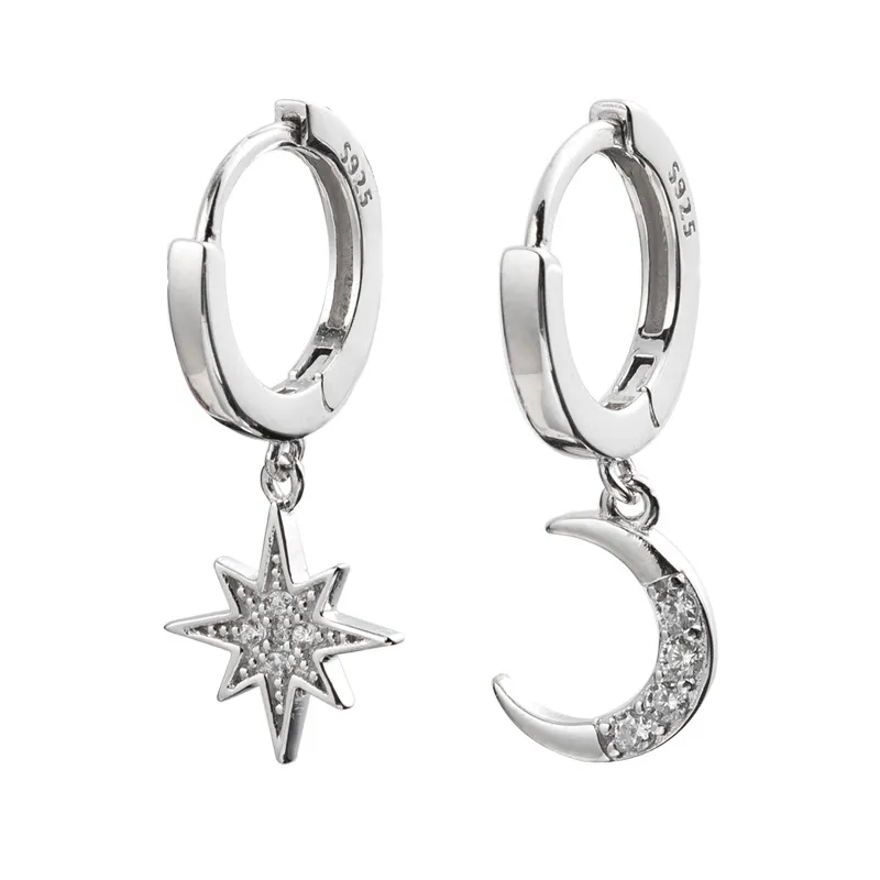 Ster Maan Asymmetrische 925 Sterling Zilveren Zirconia Hoepel Oorbellen voor Vrouwen Mode CZ Cirkel Oor Ring Oorbellen Jewelry282B
