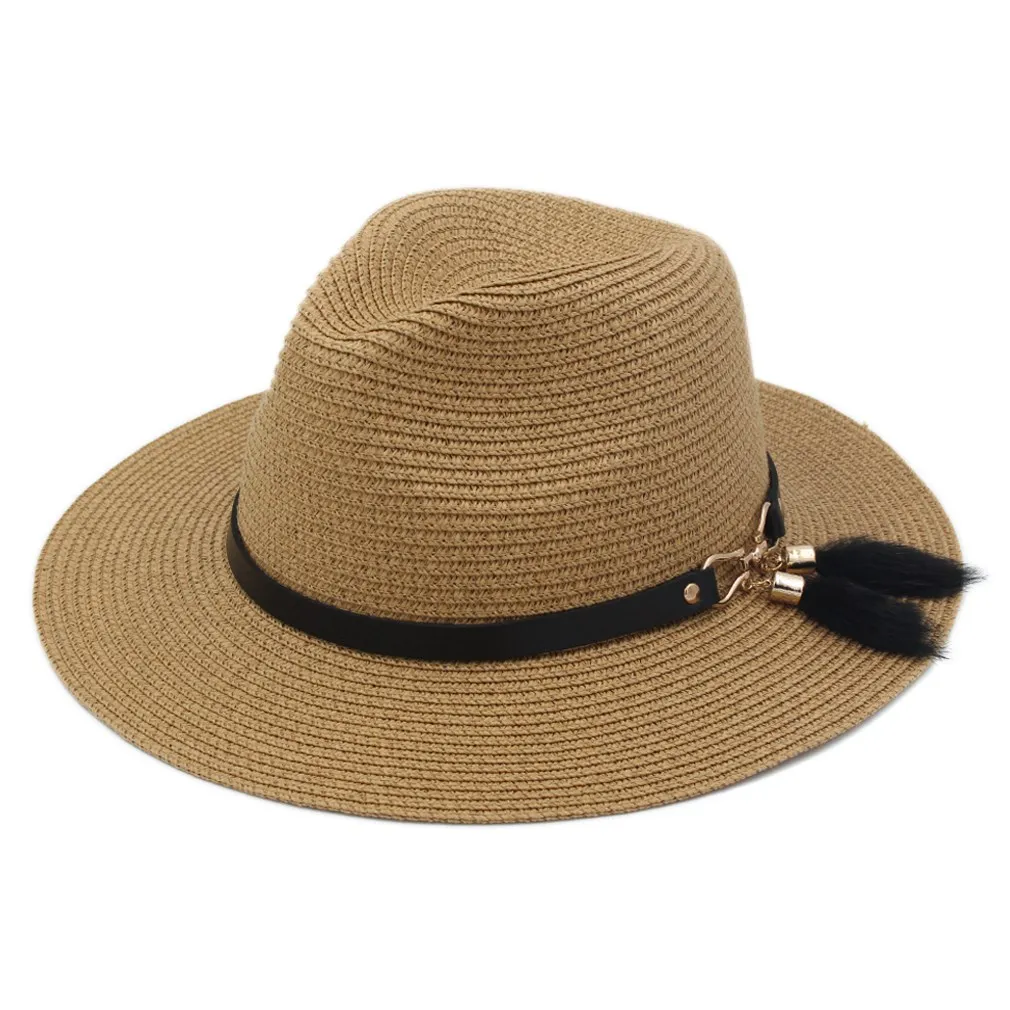 Chapeau de paille en plastique unisexe printemps été fête rue plage en plein air chapeau de soleil large casquette à bord souple Panama amant haut chapeau avec ceinture B7427065