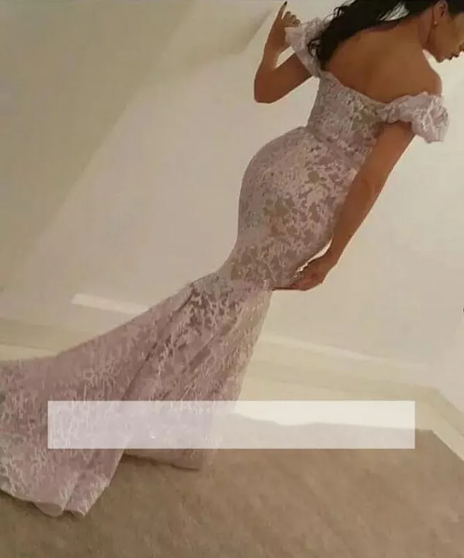 Off Shoulder Scoop Evening Dresses Poet Short Sleeves Lace Appliques Mermaid Prom Dresses Sweep Train Elegant Cocktail Party Gowns259n