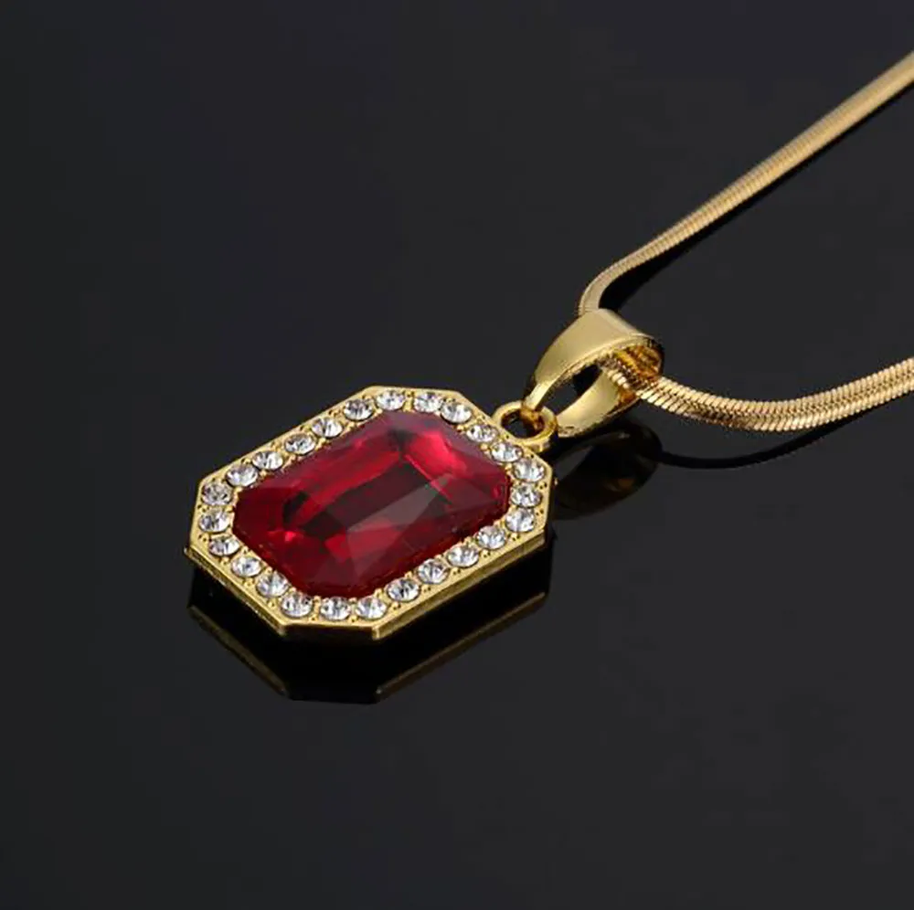Red Lab Ruby Rechteckiger GEM-Anhänger Bling Simulierte Diamanten Rubinschmuck 18 Karat Gelbgold plattierte Halskette Schlangenknochenkette236W