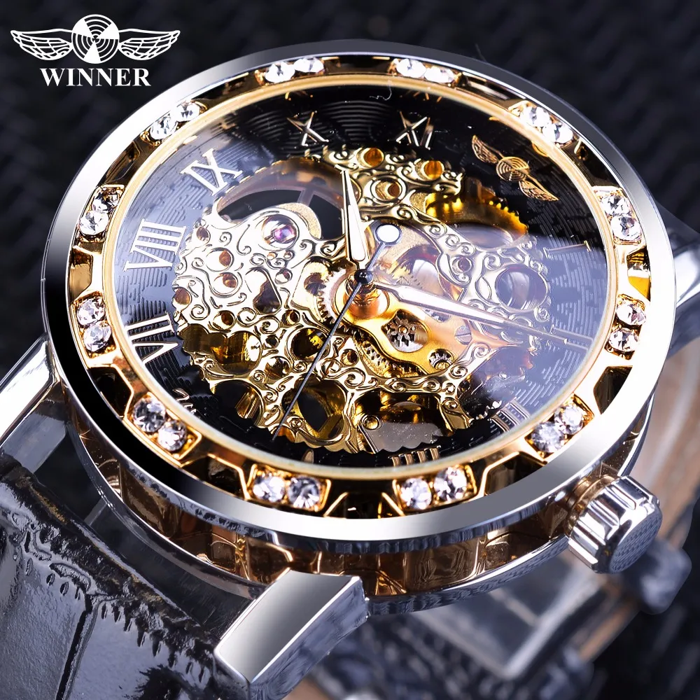 Gewinner Schwarz Goldene Retro Leuchtzeiger Mode Diamant Display Herren Mechanische Skeleton Armbanduhr Top-marke Luxus Uhr Wat2388