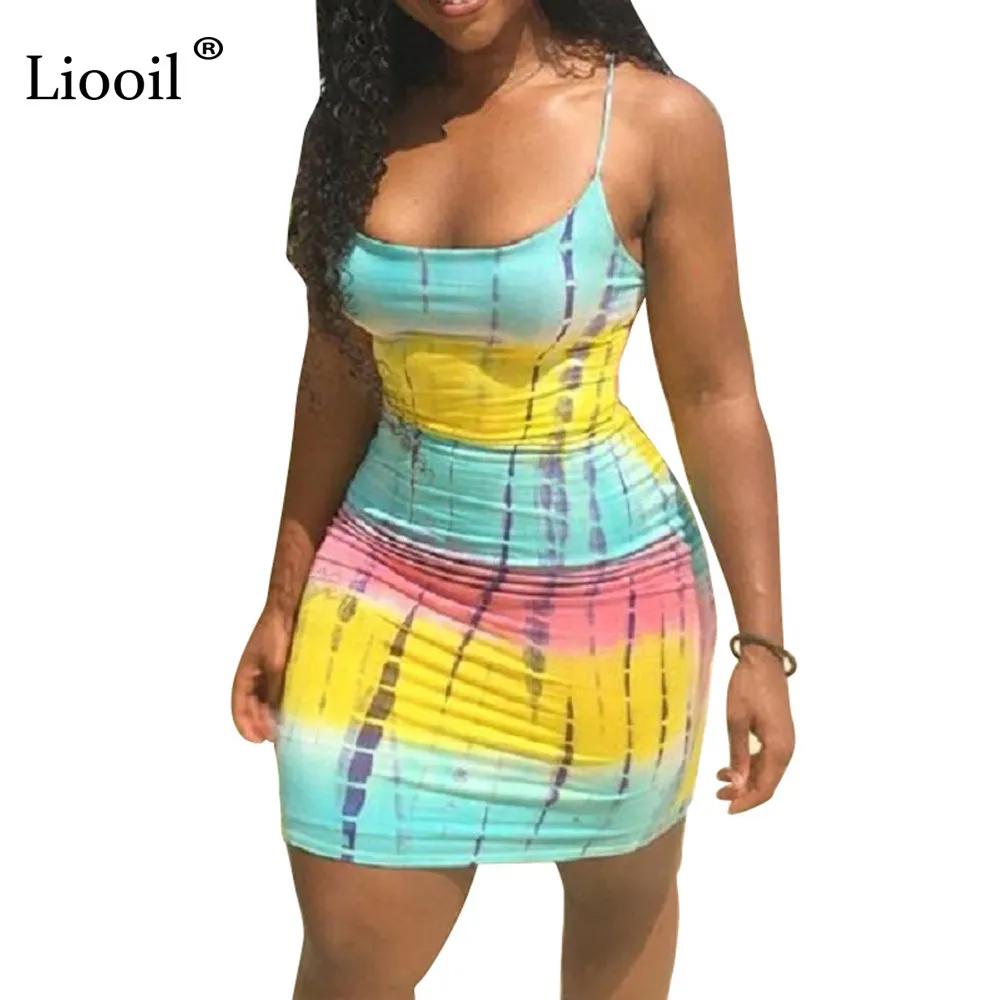 LIOOIL Plus Size Tie Dye Mini Dress Sexig Club Wear Sommarkläder för Kvinnor Ny Ankomst 2019 Bodycon Dresses Woman Party Night T200707