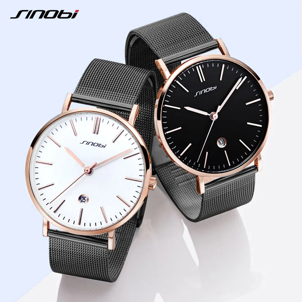 SINOBI Mens Watches Male Business Stainless Steel Mesh Band Calendar Quartz Wristwatch Simple Analog Men Watch Leather Strap Set257F