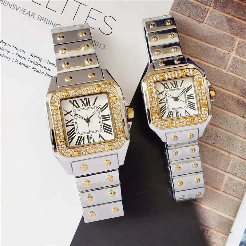 40mm 33mm Paar Mannen Vrouwen Diamanten Horloge Zilver Goud Rose Gouden Band Romeinse Num Shinning Case Datum quartz Watch209b