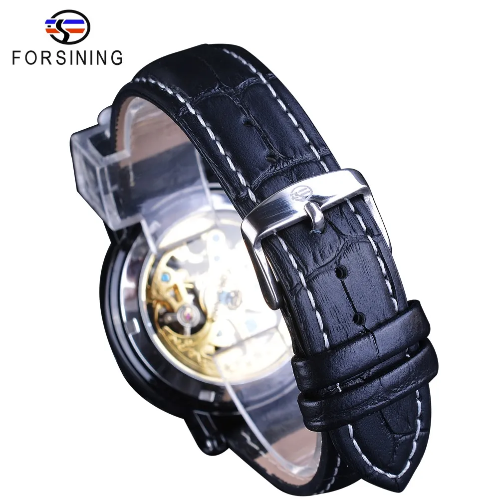 Forsining – montre rétro classique pour hommes, Design floral, noir et doré, bracelet en cuir véritable, résistant à l'eau, mécanique et automatique, Watc302t