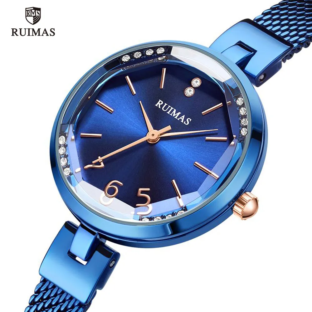 Ruimas Women's Simple Analog Blue Watches Luxury Top Brand Quartz Watch Ladies Woman Water Resistant Wristwatch Relogio Girl 270i
