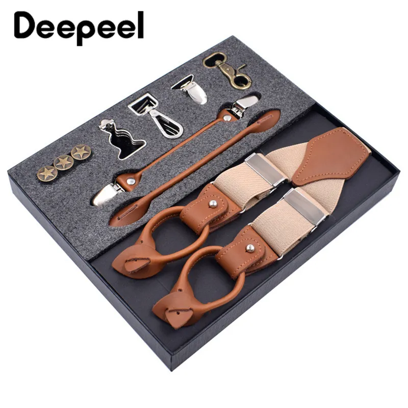 Deepeel 3 5X125cm Business Men Suspenders Multi-set Suit 3 6 Clips DIY Genuine Leather Strap For Gift301s