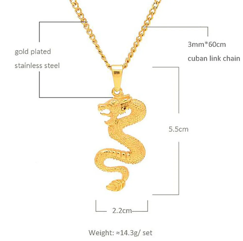 18K Gold Plated Gold Dragon Pendant Necklace Mens Charm with 24inch Cuban Link Chain Hip Hop Jewelry250O