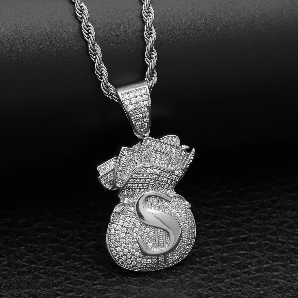 Gold Plated Iced Out CZ Cubic Zirconia Mens USD Money Bag Pendant Chain Necklace personalized Full Diamond Hip Hop Jewelry Gifts f274G