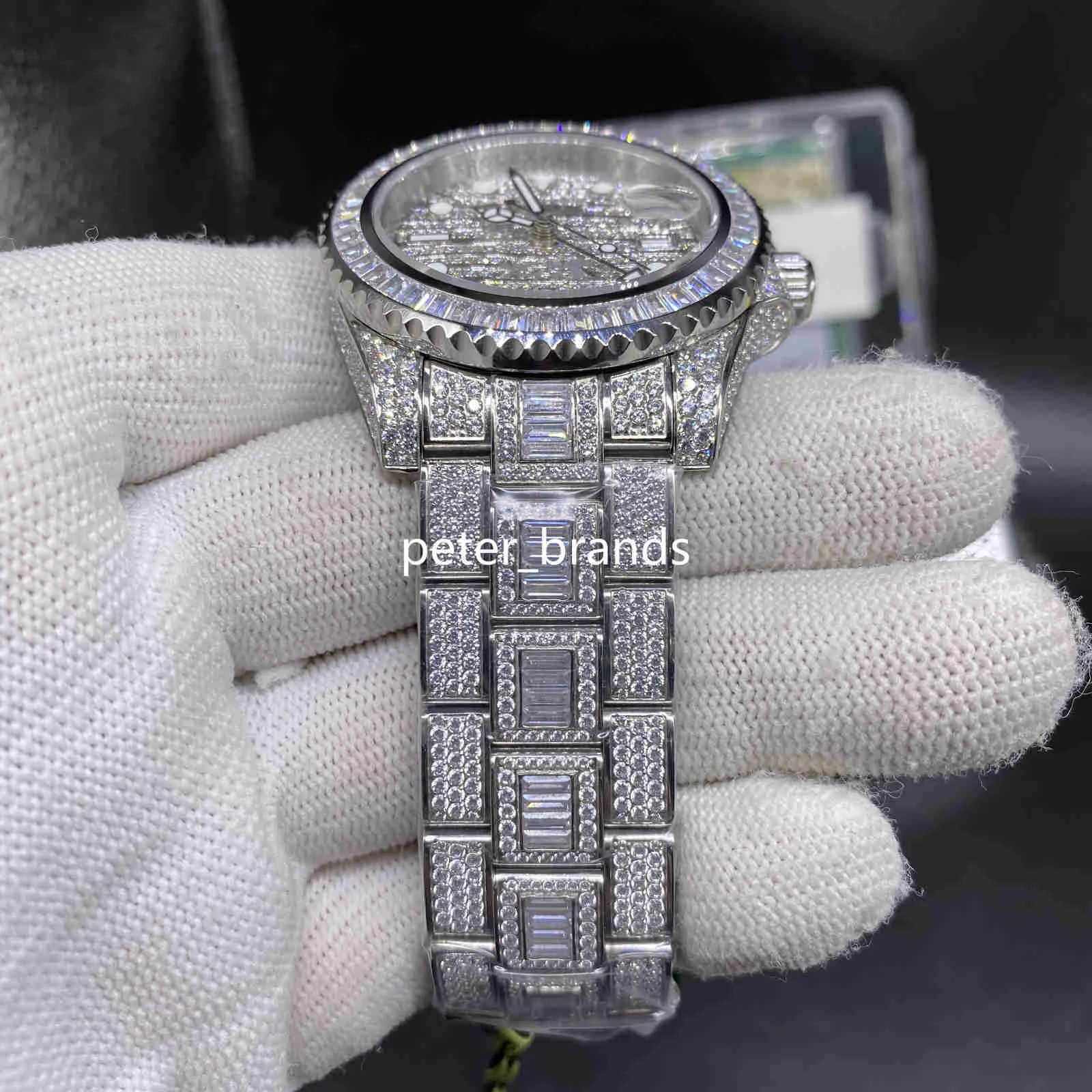 Hochwertige ETA2836-Herrenuhren, Iced Out-Diamantuhr, 40 mm, silbernes 904-Edelstahlgehäuse, Seite des Diamantgesichts, Uhr Auto293F