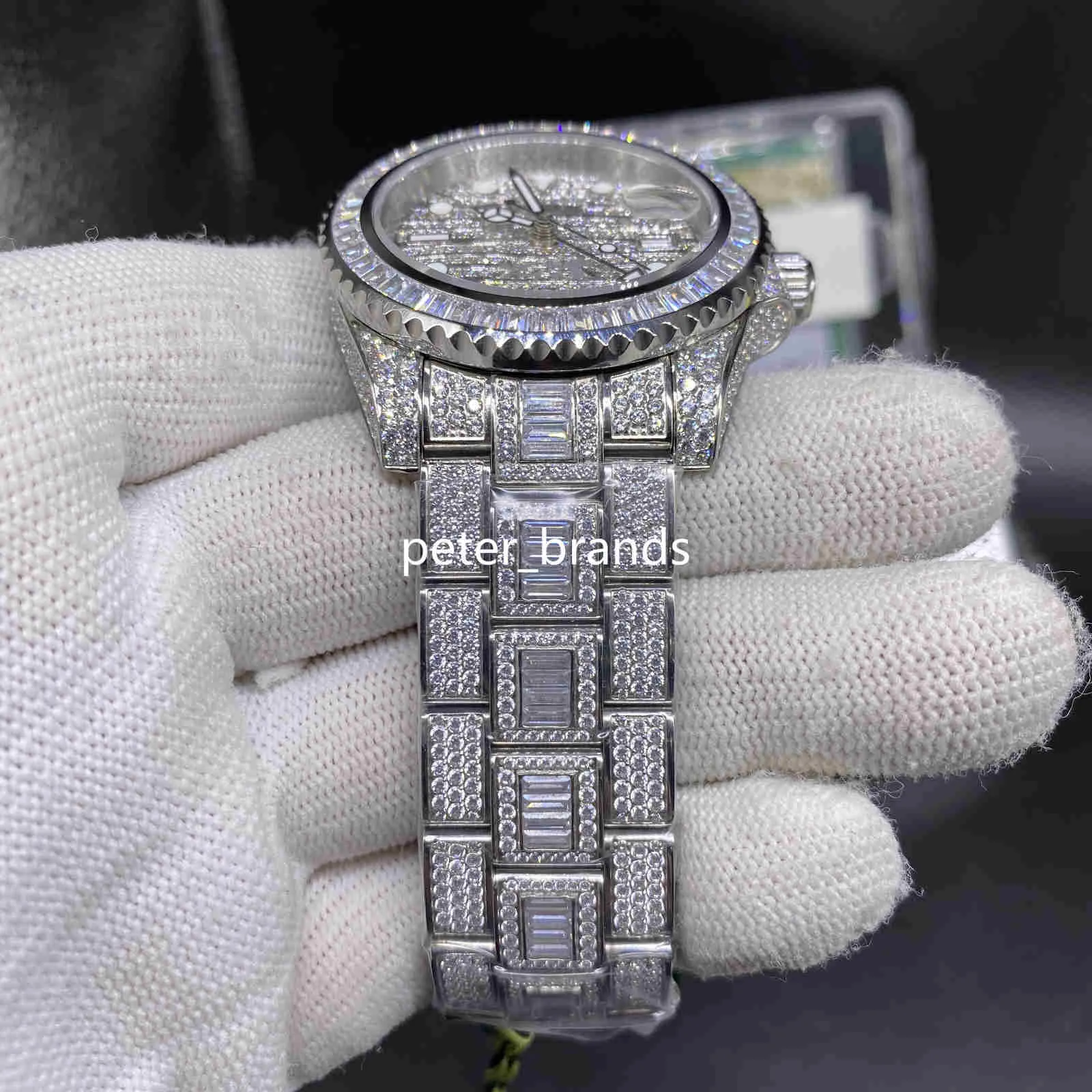 Mäns ETA2836 -klockor av högsta kvalitet Iced Diamond Watch 40mm Silver 904 Rostfritt stål Fall Side Of Diamond Face Watch Auto253T