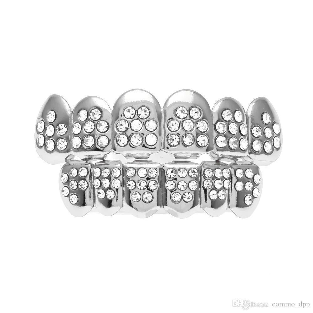 Hiphop guld silver 8 diamanttänder grillz set bling is ut falska tandgrillar för kvinnor män s hiphop kropp smycken accessorie9070912