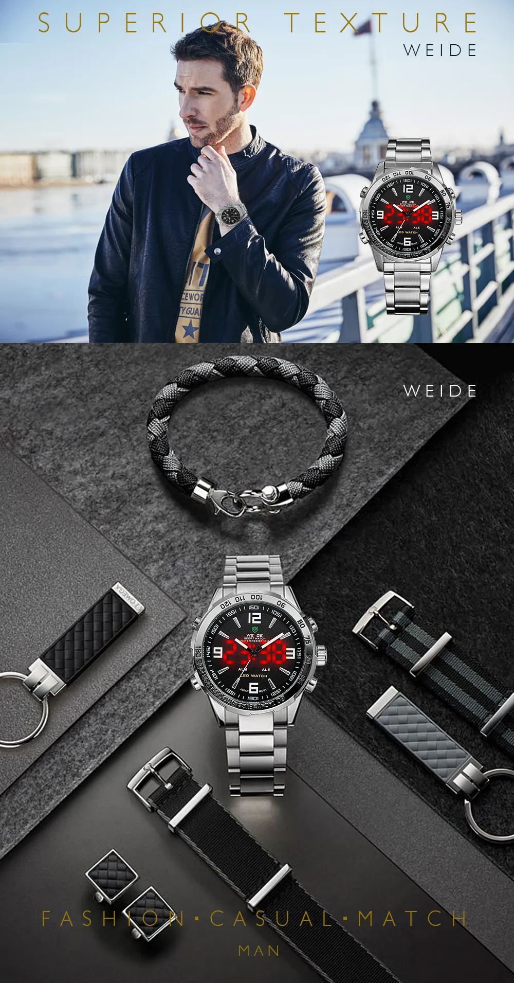 Weide Men's Digital Display Quartz Movement Auto Date Business Black Dial Wristwatch Waterproof Clock Military Relogio MASCUL219O