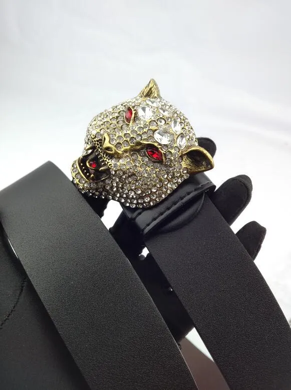 Cinturón de cuero con estampado de tigre y hebilla de cabeza de leopardo con diamantes de imitación occidentales para hombre, regalo Jeans248j