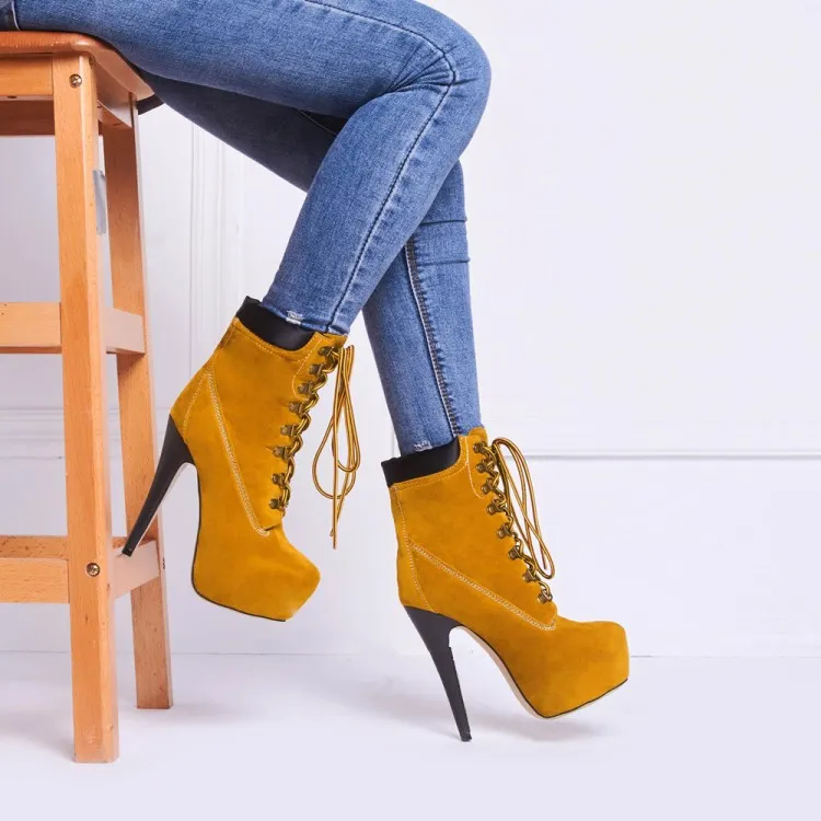 RONTIC Dames Winter Platform Warm Enkellaarzen Stiletto Hoge Hakken Laarzen Ronde Teen Office Yellow Shoes Women Plus US Maat 4-15