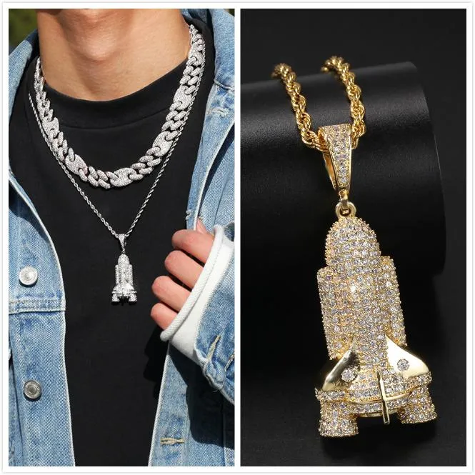 Nova moda personalizado caras banhado a ouro masculino bling foguete navio pingente colar correntes hip hop gelado para fora rock rapper jóias gift245e