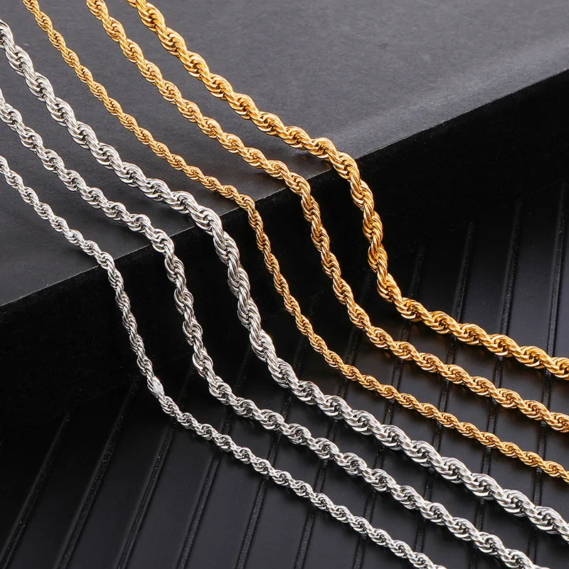 Collier chaîne en corde en acier inoxydable plaqué or véritable 18 carats, cadeau pour hommes et femmes, bijoux à la mode, accessoires 277M
