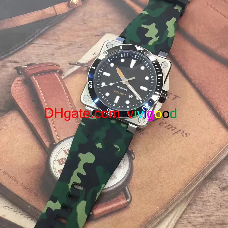 46mm Ny Casual BR Mens Watch Automatic Movement Square rostfritt stål Fodral Sapphire Crystal Luminous Dial Rubber Strap311w