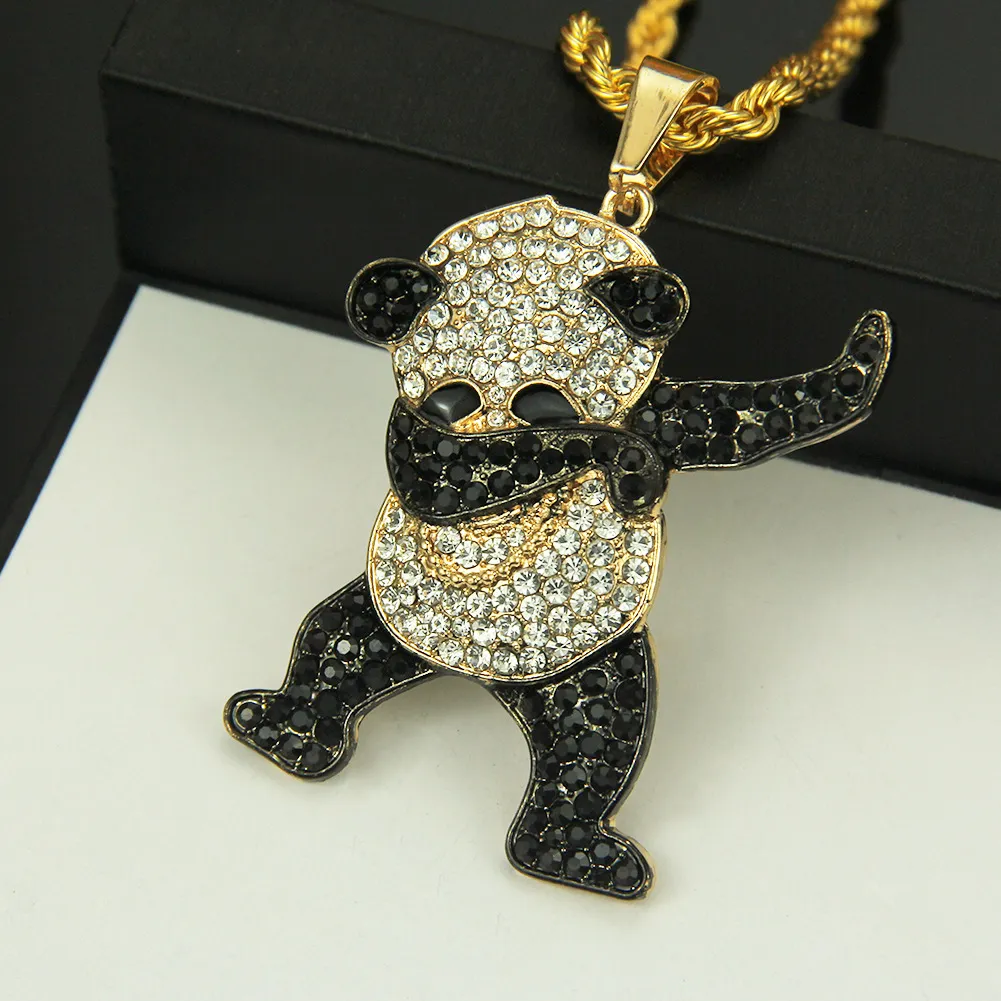 Strass Luxe Hip Hop Bijoux Or Argent Danse Drôle Panda Animal Pendentif Glacé Rock Hip Hop Designer Colliers Cadeau for254T