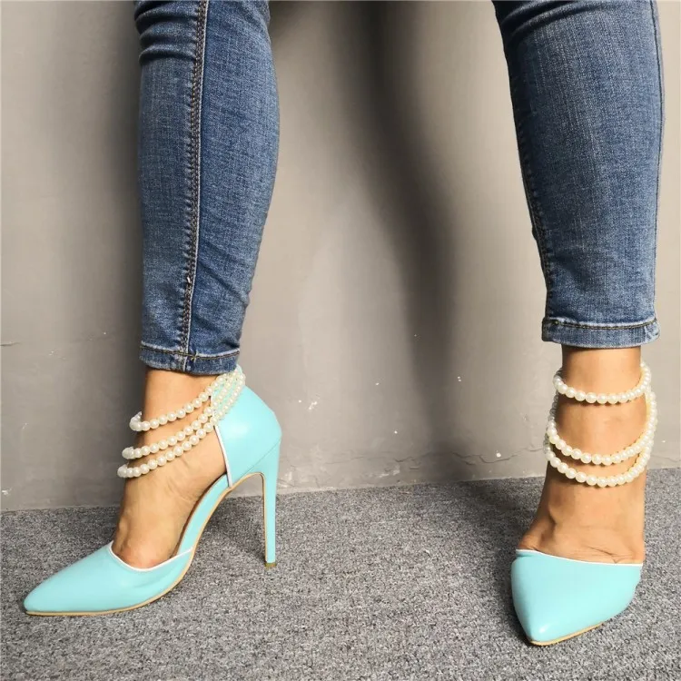 rontic 새로운 패션 여성 펌프 섹시한 진주 스틸레토 하이힐 펌프 매력 뾰족한 발가락 화려한 푸른 파티 신발 여성 미국 크기 5-15