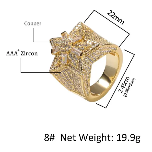 Iced Out CZ Hip Hop Pentagram Star Mens Ring Band New Persumized Top Quality Cumbic Zirconia Gold Full Diamond Street Rapper Fing213S