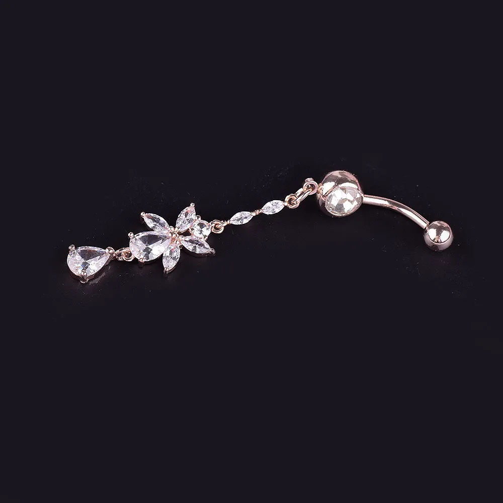 Sexig Wasit Belly Dance Drop Crystal Body Jewelry Stainless Steel Rhinestone Navel Bell Button Piercing Flower Long Dingle Rings for Women
