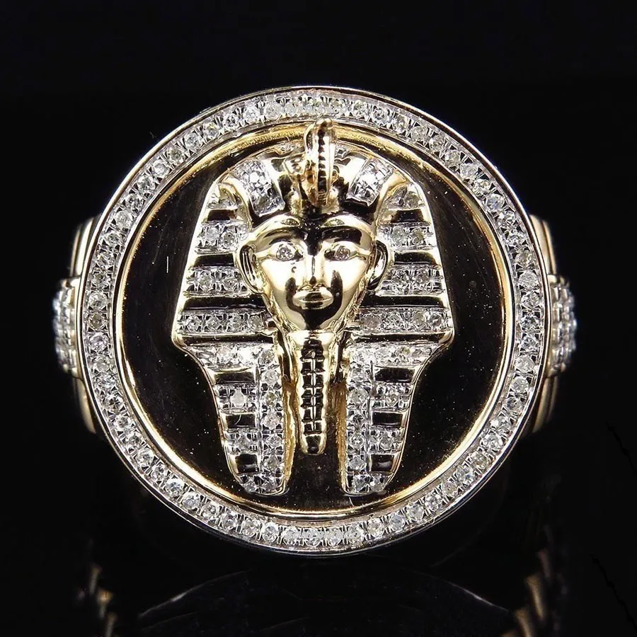 Bague ronde en pierre pavée pour hommes, couleur or et argent, tout-p, toutankhamon, roi égyptien, pharaon, motard, Icro, pierre pavée, 2728